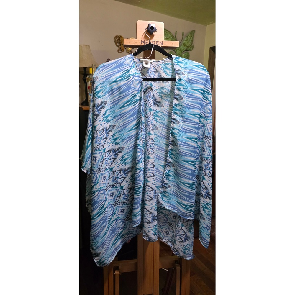 Earthbound Trading Co Blue Ikat Print Sheer Kimono Wrap Cover Up OS